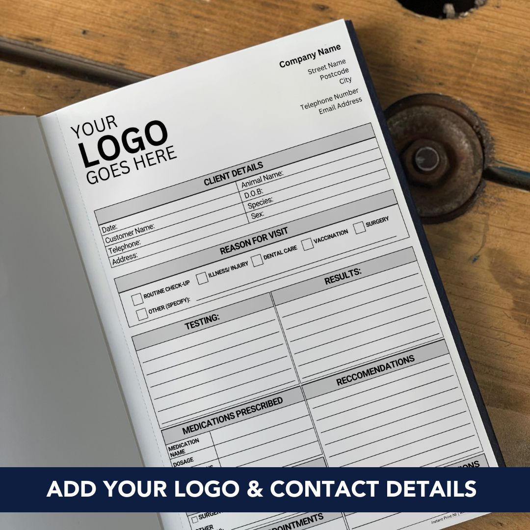 vetinary treatment worksheet, add your logo and contact details